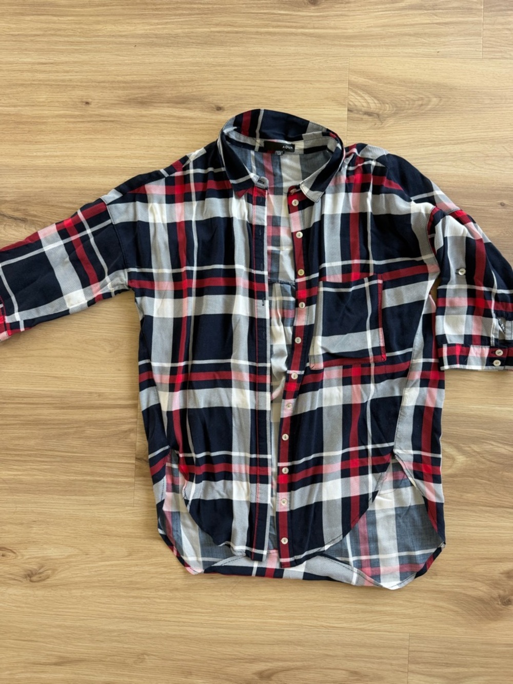 Aqua Navy, Red & White Plaid Button-Down Shirt
